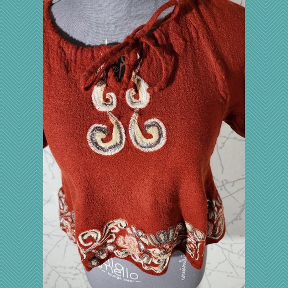 Edme & Esyllete Burnt Orange Wool Embroidered Short Peasant Blouse - Picture 2 of 5